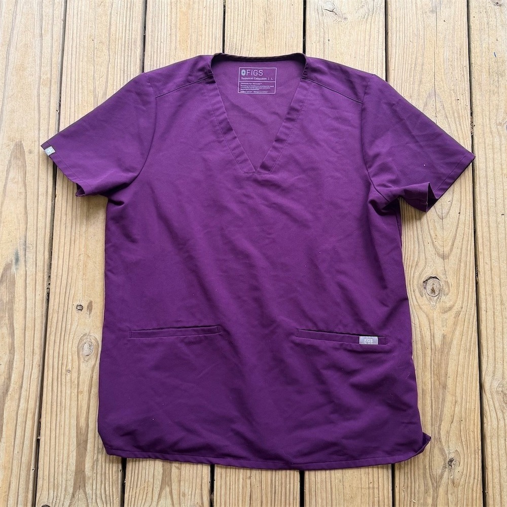 FIGS Women's Scrub Top Size‎ L Purple V-Neck Short Sleeve 2 Pocket